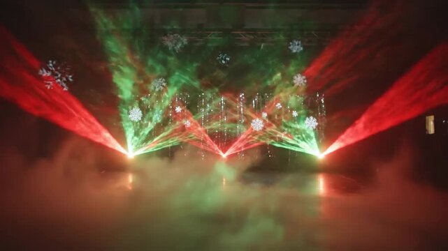 Festive laser light show with smoke and snowflakes