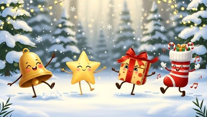 Dancing Christmas Icons in Snowy Forest with Lights