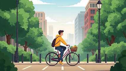 Man Cycling Through Urban Park with Backpack and Basket Exploring City Green Spaces and Sustainable Transportation for a Healthier Lifestyle