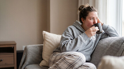 Fototapeta premium Young Woman Feeling Unwell Drinking Hot Tea on Sofa