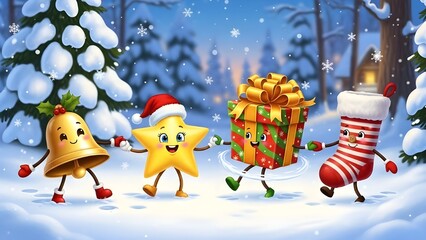 Dancing Christmas Icons in Snowy Forest with Lights