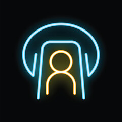 Glowing neon icon of a cctv camera detecting a person, representing concepts such as safety, security and surveillance