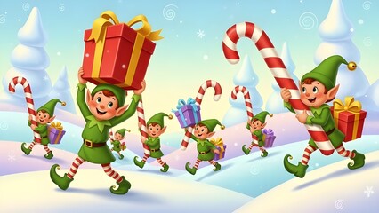 Cheerful Christmas Elves Carrying Gifts in Snowy Landscape