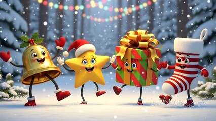 Dancing Christmas Icons in Snowy Forest with Lights