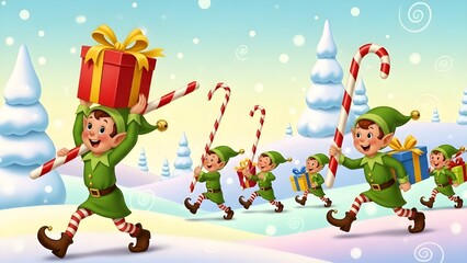 Cheerful Christmas Elves Carrying Gifts in Snowy Landscape