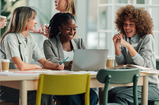 Diverse women coworkers collaborating and smiling in office meeting