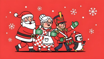 Marching Christmas Characters on Red with Snowflakes
