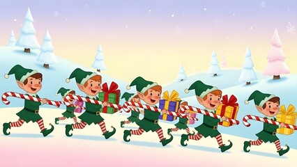 Cheerful Christmas Elves Carrying Gifts in Snowy Landscape