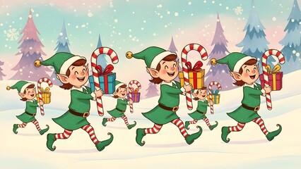 Cheerful Christmas Elves Carrying Gifts in Snowy Landscape