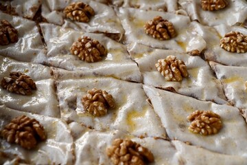Side view of Unbaked Baklava — Traditional Pastry Preparation Before Baking