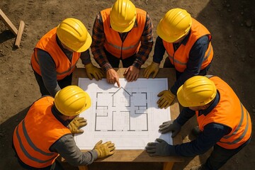 Builders view from above. Builders looking at a house plan. Work uniform.