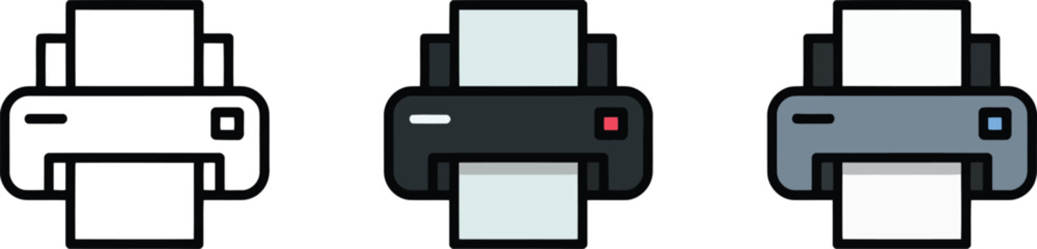 Printer icon set illustrating outline solid and filled color styles for office document technology
