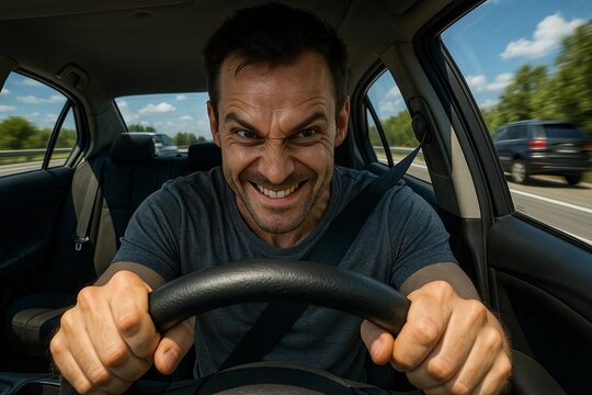 A bad driver is driving on the highway. A crazy driver.