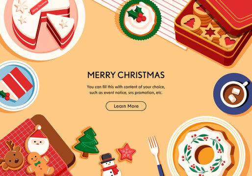 Top View Flat Design vector illustration of a festive Christmas sweets table with red velvet cake, holiday cookies, and hot cocoa, perfect for bakery promotions.