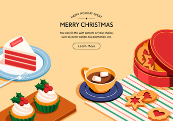Isometric vector illustration of Christmas dessert table with red velvet cake, cocoa and marshmallows, and holiday cookies for bakery event.