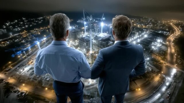 Businessman rooftop observer: urban construction, real estate, venture capital, financial planning, roi analysis, project profitability, asset management, economic growth, city planning, architecture
