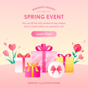 Romantic Holiday Flat Design vector illustration of Spring Event promotion with pink gift boxes and blooming heart-shaped flowers.
