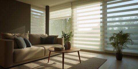 Fototapeta premium Modern living room with sunlit windows and cozy sofa