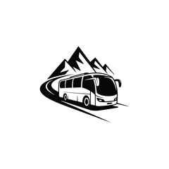 a sleek tour bus travels along a winding road with towering mountains in the background silhouette