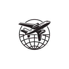 a black and white emblem depicting an airplane flying around a globe inside a circular frame silhouette