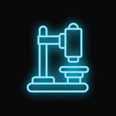 Glowing blue neon icon of a drilling machine with hydraulic press on a black background, perfect for industrial and manufacturing concepts