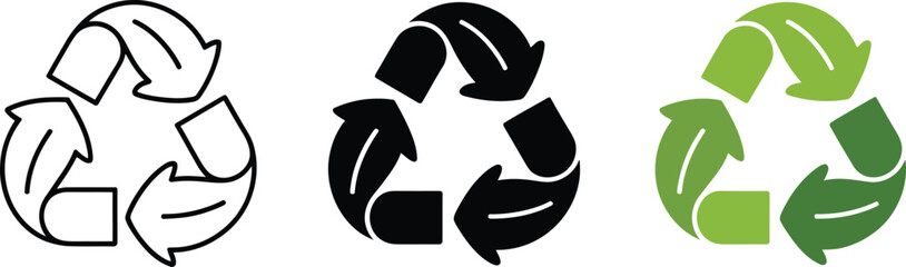 Recycle symbol icon collection showing outline solid and colorful styles for environmental conservation