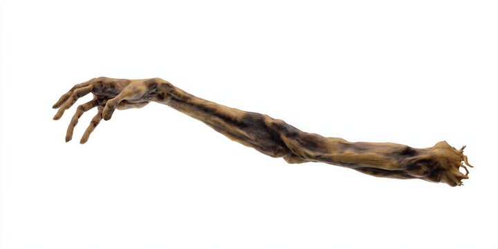 Severed mummified arm isolated on white background