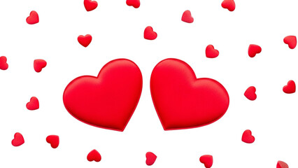 Two large red hearts floating with many small red hearts on black background love romance