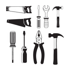 a collection of various hand tools including saws screwdrivers pliers and a hammer silhouette high quality