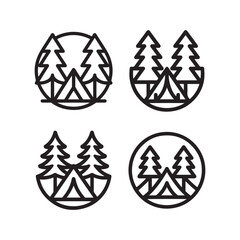 a collection of four circular emblems featuring mountain and forest scenes with tent designs shown as a silhouette