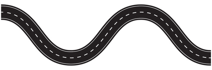 Winding road with curved highway path vector illustration. Asphalt street design for navigation maps, journey routes and transportation graphics isolated white background.