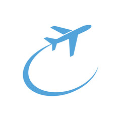 a vibrant blue airplane gracefully soars through a curved trail against a clean white background silhouette