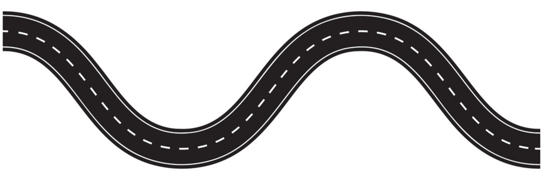 Winding road with curved highway path vector illustration. Asphalt street design for navigation maps, journey routes and transportation graphics isolated white background.