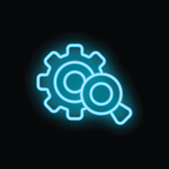 Glowing neon icon of a magnifying glass examining a gear, symbolizing search engine optimization and website analysis