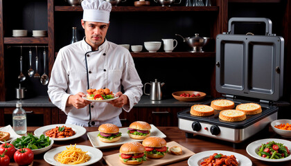 Chef preparing delicious burgers and pasta in a modern kitchen  
