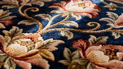 Closeup of intricate floral carpet inlays featuring delicate petal and vine motifs in rich hues adding a touch of natureinspired luxury to upscale interiors.