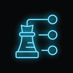 Blue neon strategy icon with chess piece connected to three blank circles on a black background