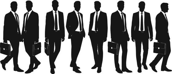 Businessmen silhouettes, professional corporate poses, office teamwork, leadership communication, career success, business negotiation, partnership growth strategy