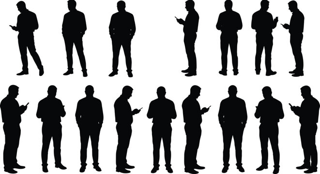 Businessman silhouettes, professional standing poses, smartphone usage, office lifestyle, leadership communication, modern technology, corporate career success illustration