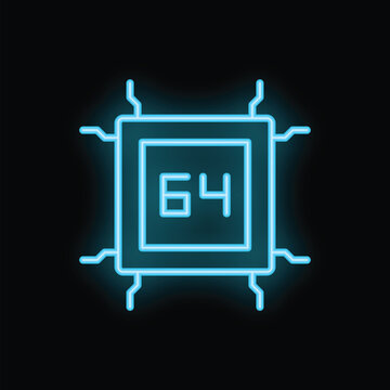 Blue neon icon of a 64 bit central processing unit is glowing on a black background