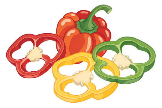 Set of bell pepper rings clipart, flat colors, bold outlines, clean vector look, transparent background. - Powered by Adobe