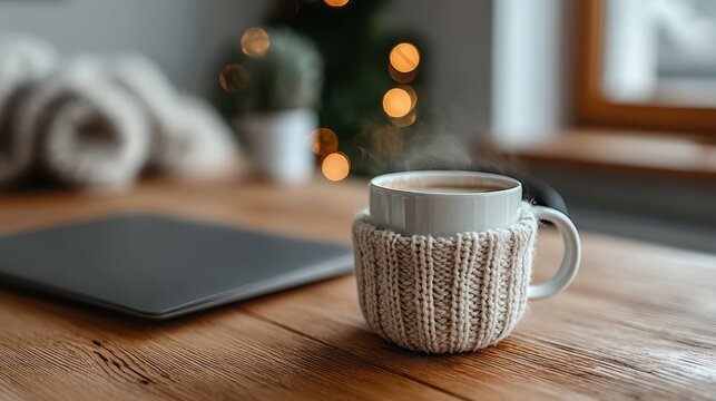 Cozy coffee mug and knit sleeve next to closed laptop on home office desk