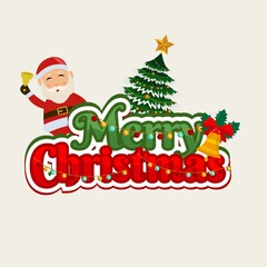 Cute Santa Merry Christmas Illustration with Tree, Bells and Lights on Black Background