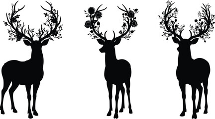 Deer silhouettes with floral antlers, artistic wildlife illustration, nature design, animal vector, decorative artwork, forest fantasy, elegant creatures
