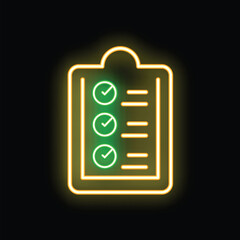 Neon yellow clipboard showing green check marks on a black background