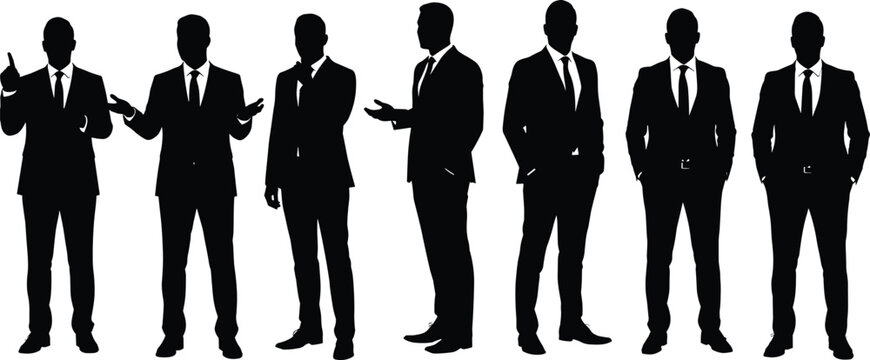 Businessmen silhouettes, professional poses, corporate teamwork, leadership concept, office communication, negotiation success, partnership growth, business strategy, career development