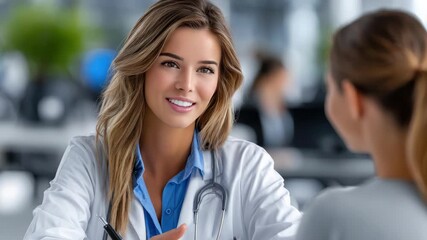 doctor talking to patient in hospital, healthcare consultation, medical treatment and support, trust and communication concept, stock photo style