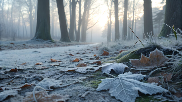 Frost-covered leaves on path in misty winter forest