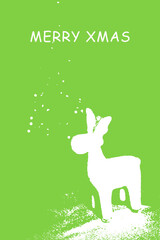 Abstract Merry Christmas greeting card with reindeer and christmas tree silhouette on green background. Vector illustration.