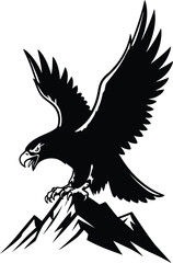 Silhouette of an eagle or hawk landing on a sharp mountain peak vector.